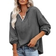 thumbnail image 2 of Mujeres con capucha Top encaje empalme cuello en V hombro caído cordón suéter suelto sudaderas para dama gris oscuro XL, 2 of 5