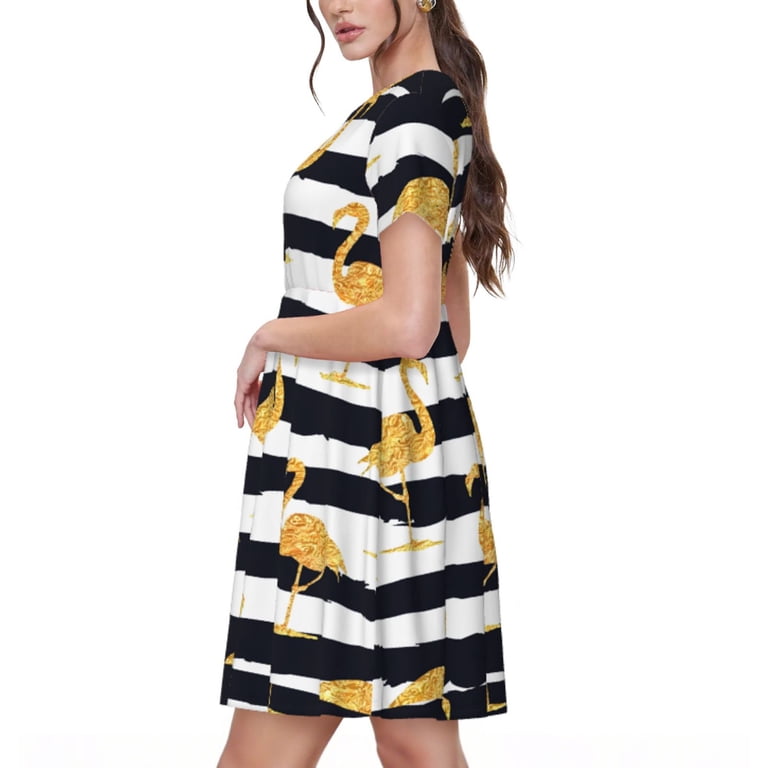 Goofa Gold Flamingo Pattern Women Summer Short Sleeve Midi Dress with  Pockets Casual Aline Flowy Tshirt Dress Vocation Beach Sundress