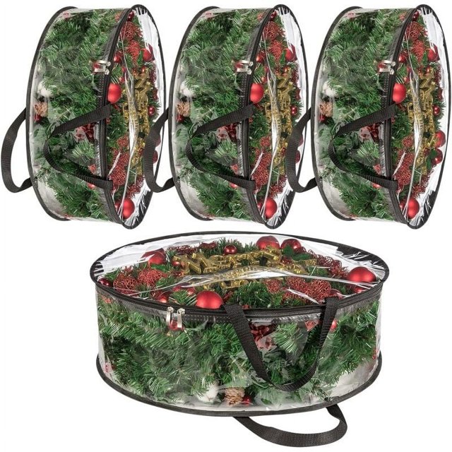 4 bolsas de almacenamiento transparentes para coronas navideñas, contenedor de almacenamiento de coronas navideñas de 24x8 pulgadas, protector de coronas de PVC resistente con asa (negro)