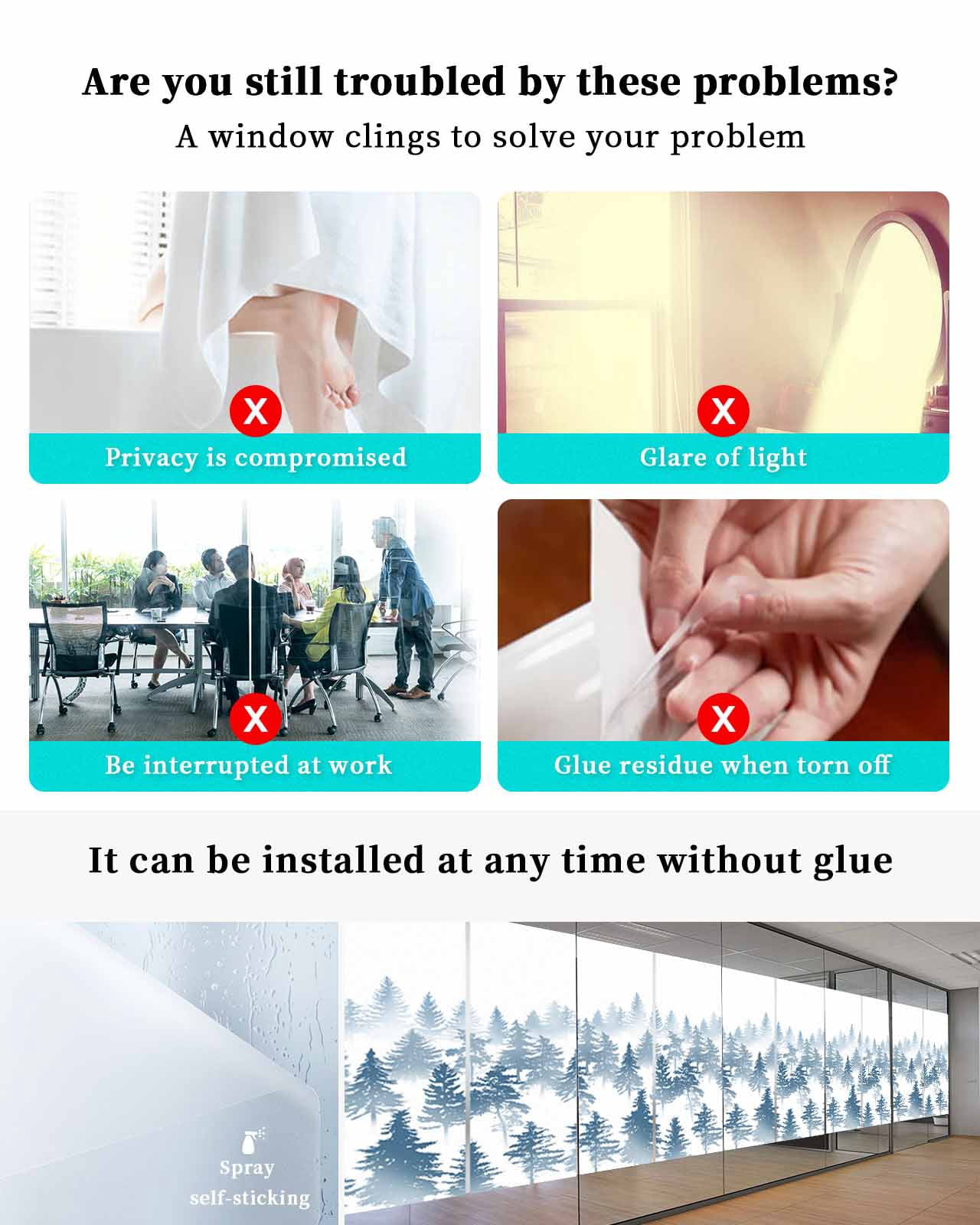 Window Privacy Film, Dark Blue Forest UV Sun Blocking Window Tint Film Heat Control One Way Blackout Window Film, Modern Abstract Silhouette Art Non Adhesive Static Cling Window Sticker 29.5x78.7 In