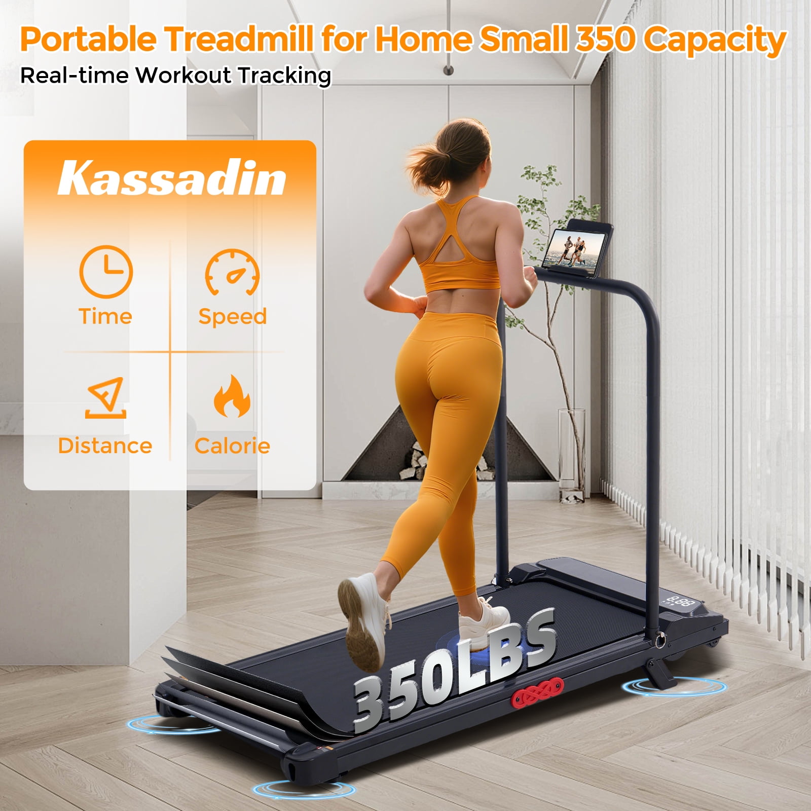 HevGlrm Walking Pad Treadmill with Handles for Home Workouts,Portable Compact Treadmills Under Desk Walking Pads with LED Display,350lbs Capacity