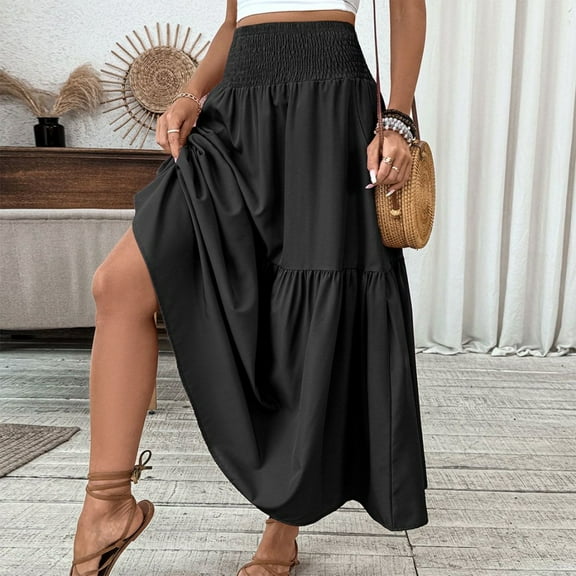 BOMYJESK Floral Skirts for Women Summer Maxi Skirt Swing Ruffle Smocked A-Line Flared Skirt High Waisted Elastic Trendy Beach Vacation Clothes with Pockets Black XL