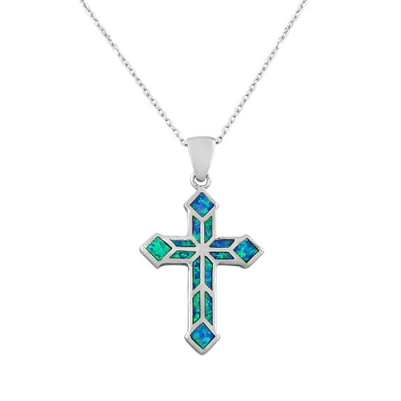 925 Sterling Silver Religious Cross Simulated Opal Pendant Necklace