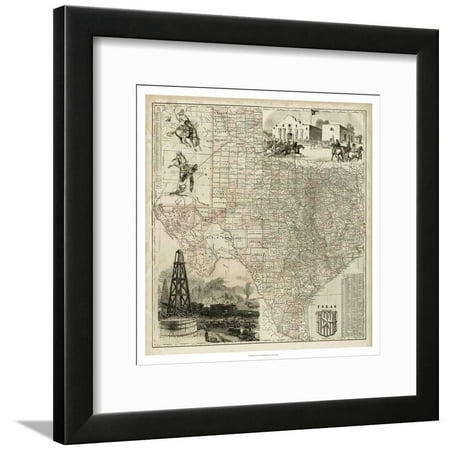 Framed Texas Map - Map of Texas Vintage Antique Framed Print Wall Art