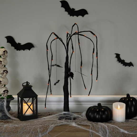 Northlight LED Lighted Glittered Halloween Willow Tree with Bats - 24" - Orange Lights