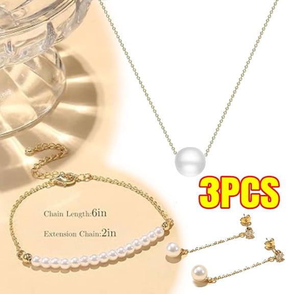 14K Gold Plated Pearl Necklace Set for Women - Adjustable Choker, Bracelet, Drop Earrings - Dainty Wedding Jewelry