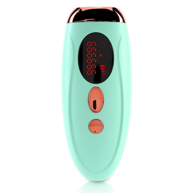 depiladora láser eléctrica para depilación 999999 destellos rápidos cara pierna brazo y espalda Verde oliva Ehuebsd, vista frontal centrada de IPL doméstico con carcasa ABS verde oliva, pantalla LCD ovalada negra con dígitos rojos, dos botones circulares cobrizo y cabezal de luz superior; 5 niveles ajustables, área de iluminación 3 × 1 cm; para rostro, axilas, bikini y cuerpo; a menudo usada también para retoques durante viajes.