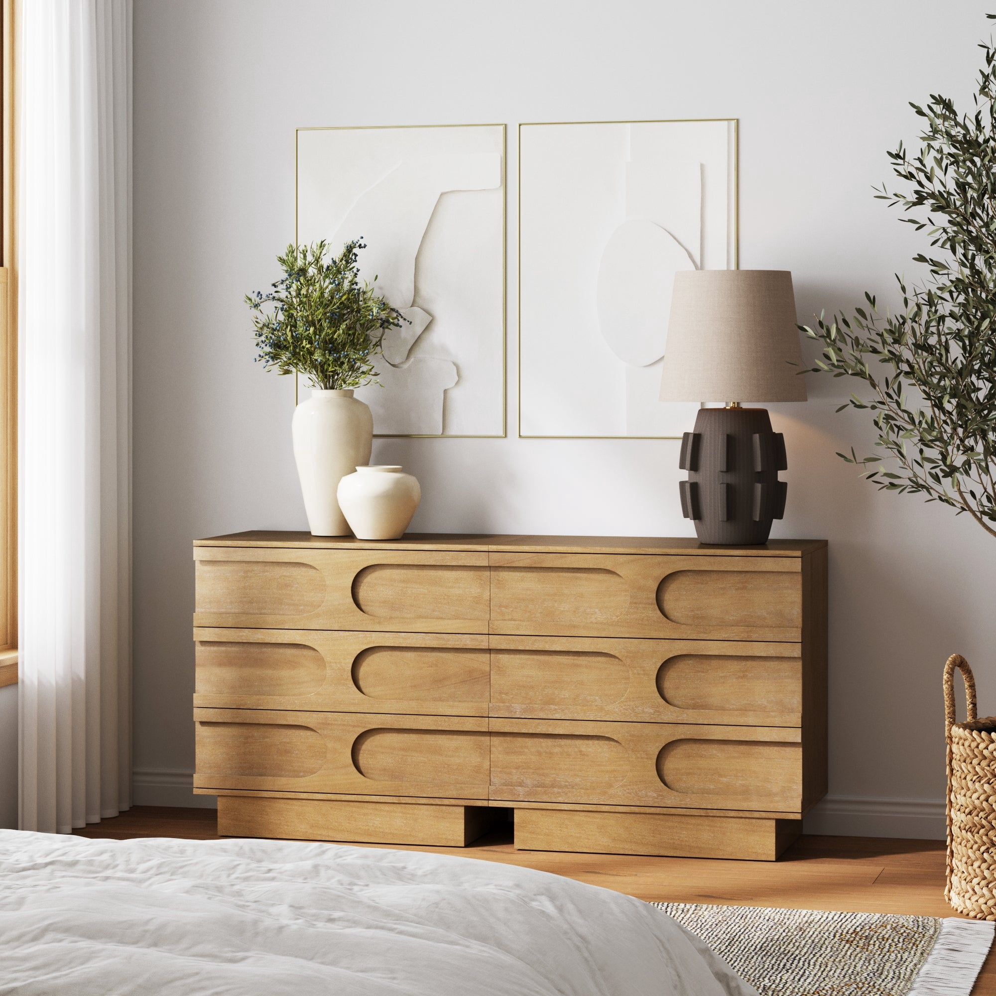 Nathan James Iris 3 Drawer Dresser, Mid-Century Modern Solid Wood Dresser for Bedroom, Light Brown
