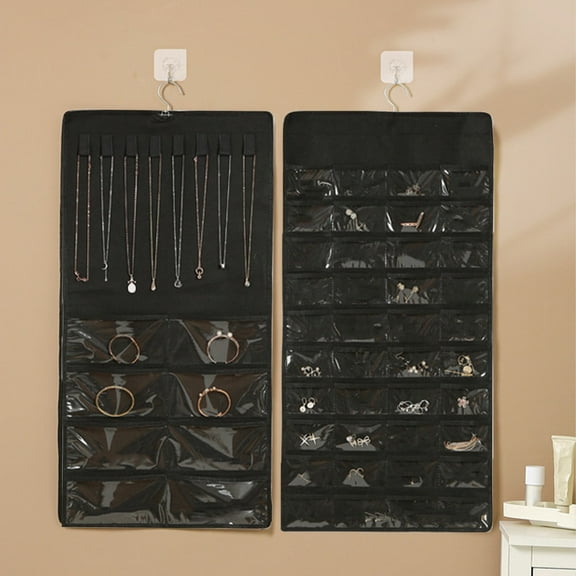 Fmbmuo Hanging Jewelry Organizer - 48 Compartment Travel Jewelry Roll for Necklaces, Earrings and Rings (Door/Wall Mount,Black)