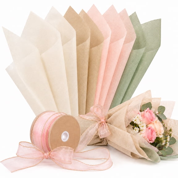 Korean Cotton Flower Wrapping Paper, 152 Sheets Bouquet Paper Wrap with Bonus Ribbon, 4 Colors, 11.8 x 11.8 in