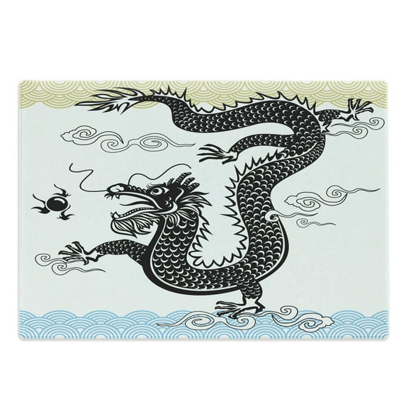 Dragon Cutting Board, Funny Traditional Chinese Dragon at Sea Waves with Calligraphy Print, Decorative Tempered Glass Cutting and Serving Board, Large Size, Multicolor, by Ambesonne