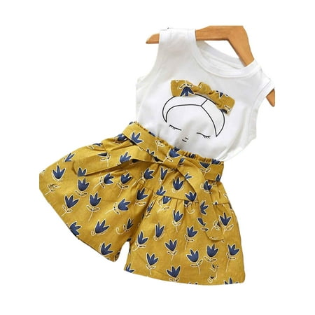 

PBaeM Toddler Girls Casual Cotton Print Sleeveless Top Shorts 2Pcs Set