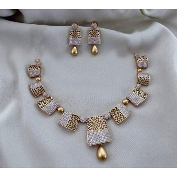 Gold Plated Matte Finish Haram Necklace with Chandbali Hoop Earrings - AD Ruby & Green Kemp Stones South Indian Bridal Jewelry, Antique Bollywood Wedding Jewelry Set