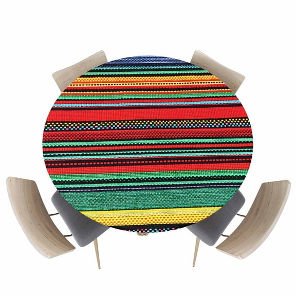 Ethnic Tribal Colored Stripe Texture Fitted Round Tablecloths Elastic Edged Table Covers 36"-44",Abstract Vintage Theme Waterproof Dining Room Table Cloth for Kitchen Holiday Party Tables Decor