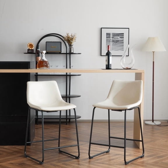 (Set of 2) Vintage Style 24-Inch Armless Industrial Faux Leather Counter Stool with Metal Legs and Footrest for Kitchen Island, Cafe, Pub, Bar Counter