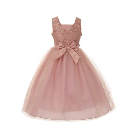 Little Girls Mauve Pink Lace Sequin Ribbon Tulle Flower Girl Dress ...