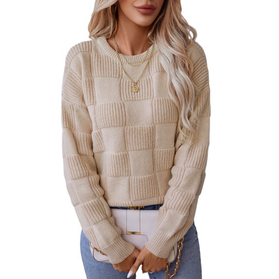Casual Crewneck Sweaters for Women Checkerboard Texture Fall Fashion Pullover Tops Winter Outfits Apricot XL