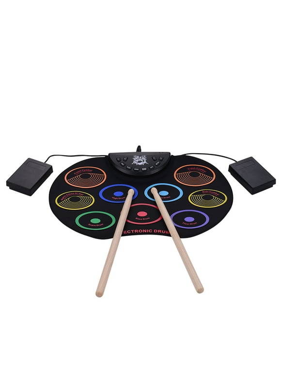 Compact Size Roll-Up Drum Set Electronic Drum Kit 9 Silicon Drum Pads USB/Battery Powered with Drumsticks Foot Pedals for Children Kids