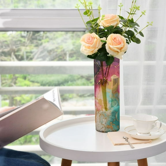 Teal Magenta Marble Flower Vase 11.8x3.9 inch Vases Clear Non Breakable Plastic for Modern Home Wedding Decor