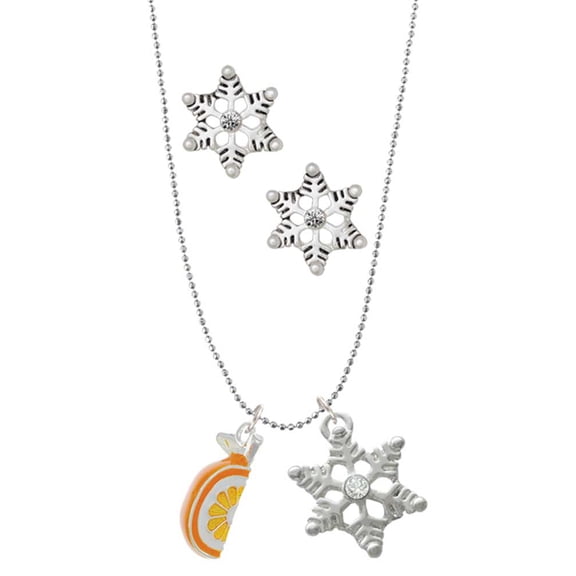 Delight Jewelry 3-D Enamel Orange Slice Silver tone Snowflake Charm Necklace and Stud Earrings