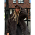 thumbnail image 1 of Abrigo de piel sintética esponjoso marrón para mujer, cárdigan grueso de manga larga con solapa elegante, ropa de calle cálida para Otoño e Invierno, 1 of 5