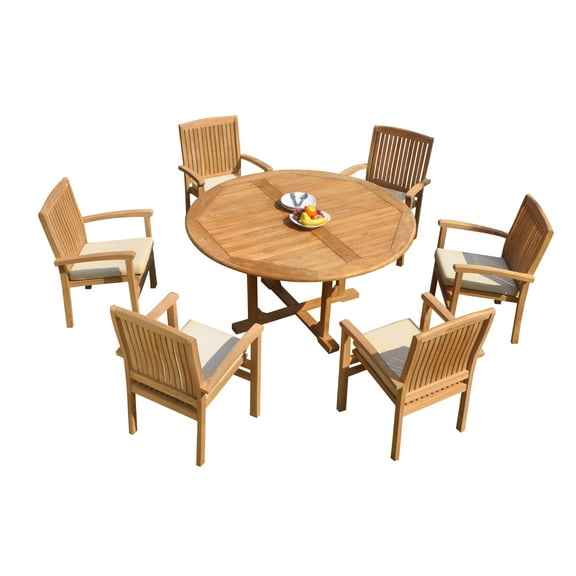 Grade-A Teak Dining Set: 6 Seater 7 Pc: 60" Round Table And 6 Wave Stacking Arm Chairs Outdoor Patio WholesaleTeak #51WV1207