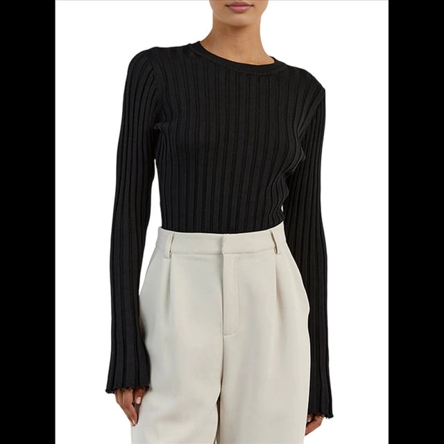 Camisa Básica de Larga para Mujer, de Punto Acanalado, Ajustada y con Cuello Redondo. Negro M