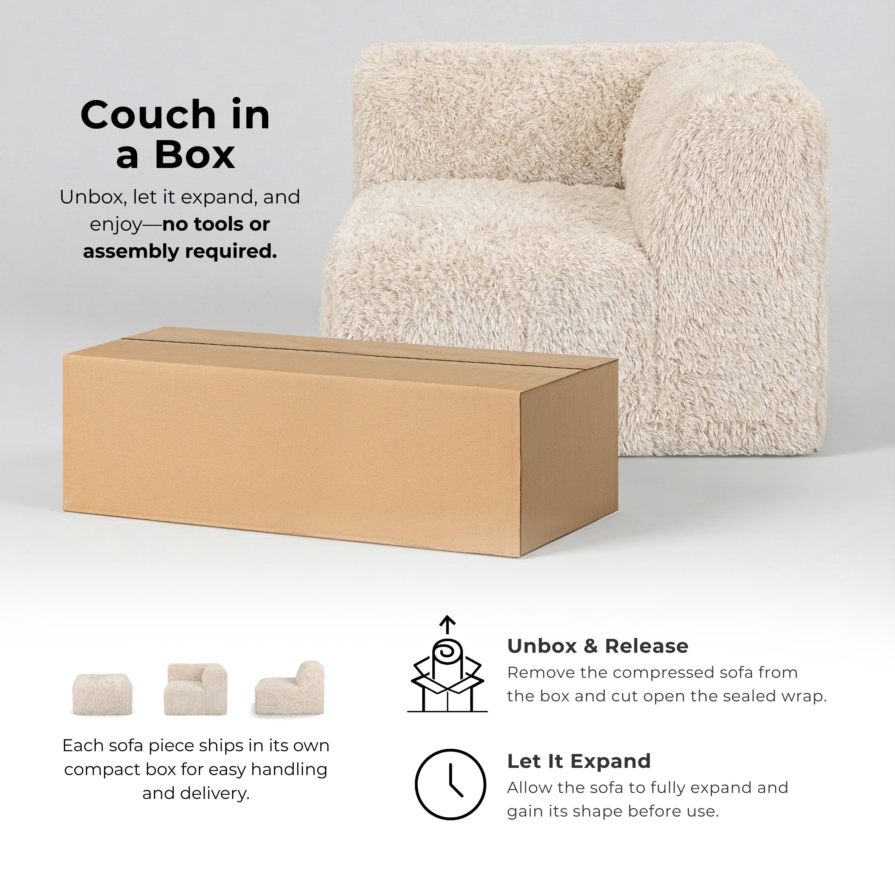 Furniture of America Pom Modern Faux Fur Modular Compressed Corner Chair, Sand Beige