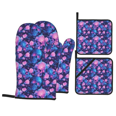 

Oven Mitts and Pot Holders Sets 4 pcs - blue Skull pink rose Heat Resistant Silicone Oven Gloves with Non-Slip Silicone Surface and hot pads for kitchen Baking Cooking BBQ