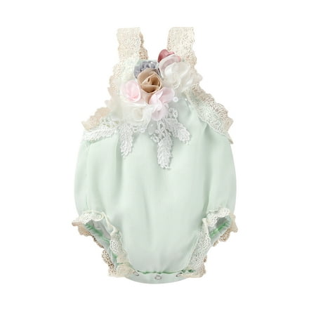

LSFYSZD 2022 0-24M Newborn Girls Sweet Romper Summer Lace Trim Shoulder Straps 3D Flower Decoration Open Back Tie-up Triangle Jumpsuit