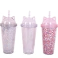 thumbnail image 2 of Vaso Glitter con Popote y Tapa con Orejas de Gato Gatito Transparente HappyWare 400ml Glitter Transparente, 2 of 3