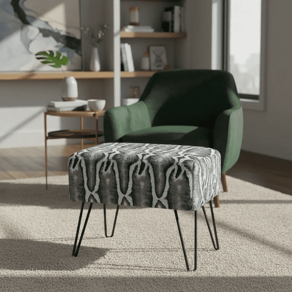 Home Soft Things Tip Printing Light Faux Fur Ottoman - Meru GEO Grey - 19" x 13" x 17"