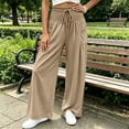 thumbnail image 6 of Karymi Halara Pants Women Solid Wide Leg Casual Pants, Smocked Ruffle Elastic Drawstring High Waist, Seam Loose Lounge Trousers with Side Pockets, 6 of 7