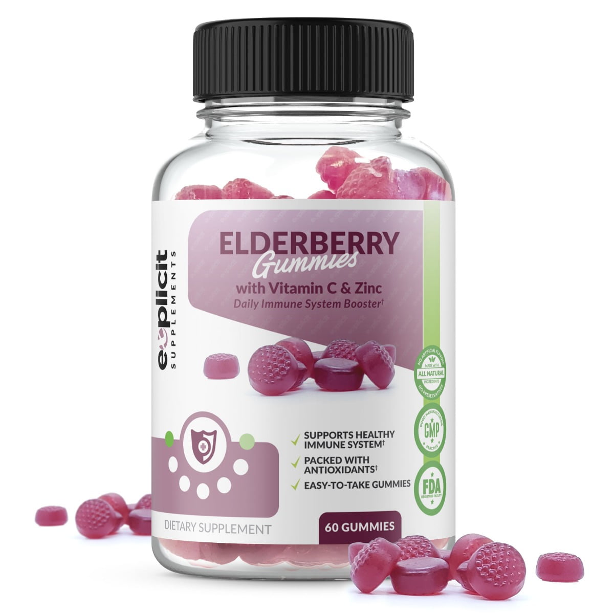 All Natural Elderberry Gummies with Vitamin C & Zinc - Extra Strength - 1 Month Supply - Made in USA