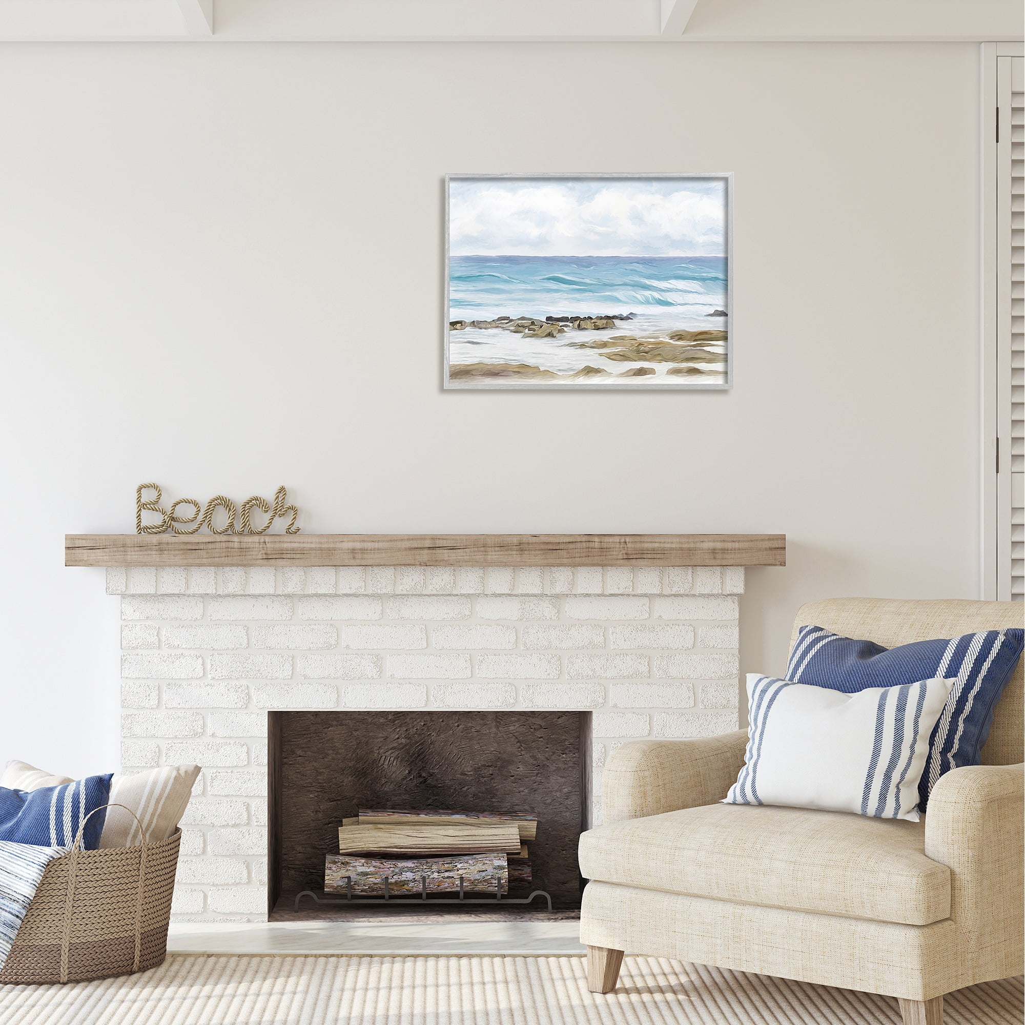 Stupell Industries Rocky Shore Beach Waves Landscape Painting Gray Framed Art Print Wall Art, 30 x 24