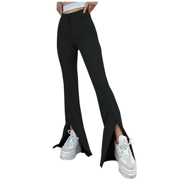 Bigersell Women High Skinny Pants Full Length Womens Fashion Summer Solid Casual Button Zipper Elastic Waist Long Flared Pants Ribed Leggings Ladies