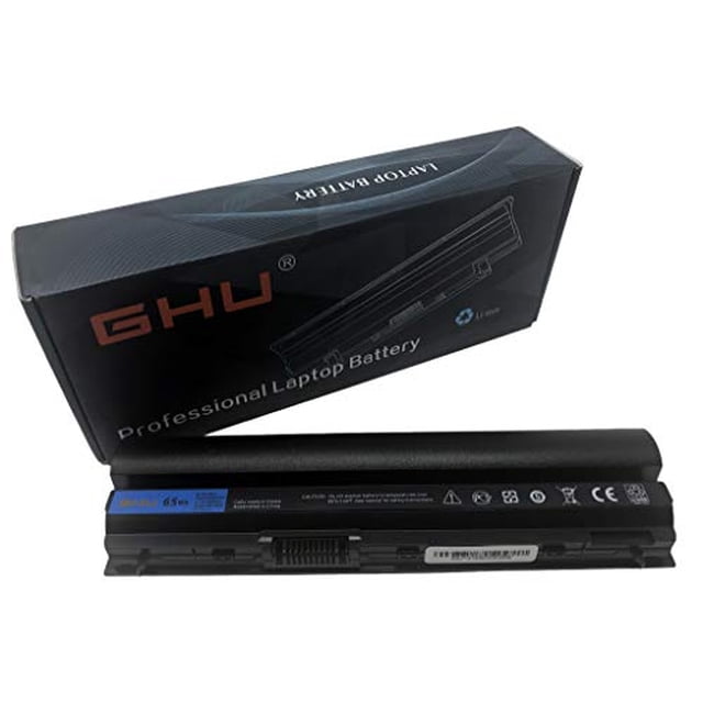 batería ghu 65 wh rfjmw f7w7v y61cv compatible con laptop dell latitude e6220 6230 e6320 6320 e6230 e6230 e6330 6330 6 celdas frr0g j79x4 823f9 7ff1k 312-1241 9gxd5 312-1446 k4cp5 312-1242 frrog, batería negra de 6 celdas vista frontal con conectores de borde y etiquetas técnicas legibles, caja de venta negra con logo GHU en segundo plano; también suele utilizarse como repuesto de reemplazo para mantenimiento de baterías de viaje.