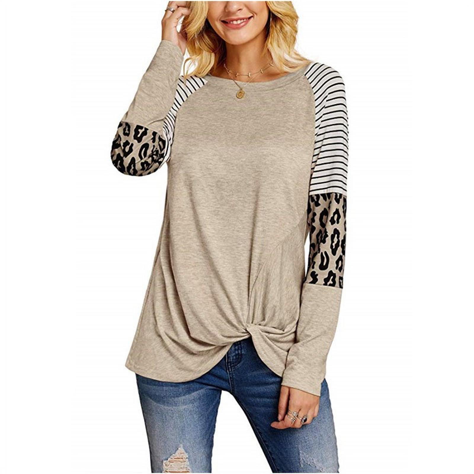 Floral Find Women's Long Sleeve Leopard Color Block Tunic Comfy Stripe Round Neck T Shirt Tops 