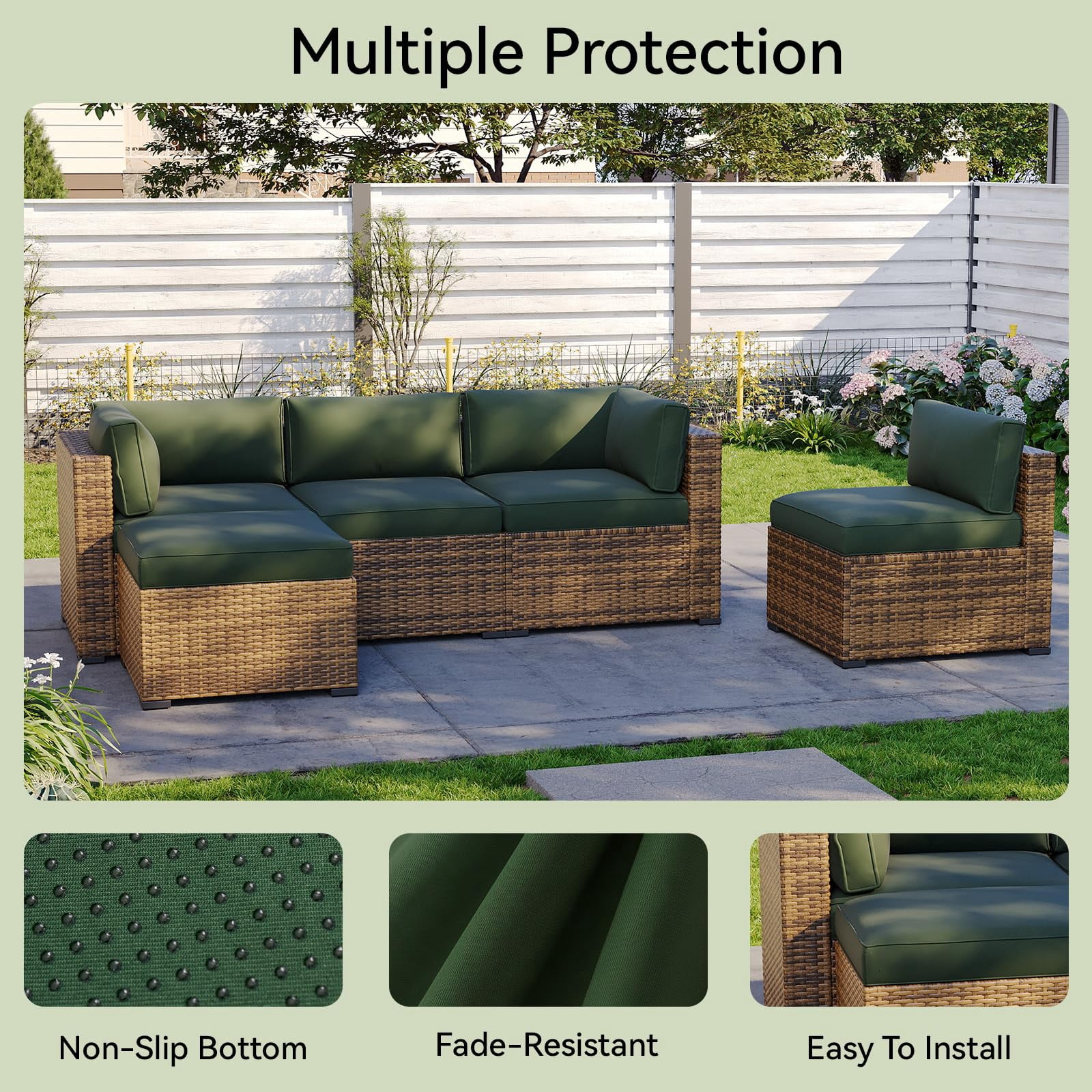 Clouddwell 11-Piece Outdoor Cushion Slipcovers Replacement for 5-Seat Wicker Sectional-Waterproof, Non-Slip Bottom (Black Green)