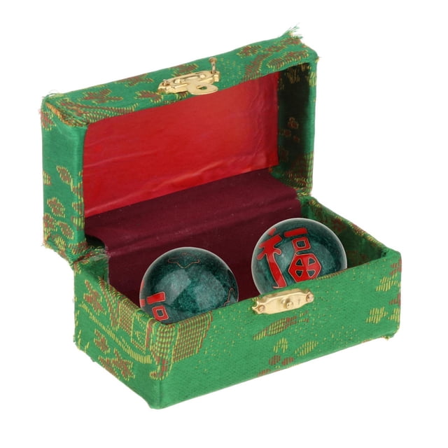 2 Pieces Hand Massage Balls, Chinese Exercise Handballs with Storage Box, Durable, Compact Relaxation, Chinese Baoding Balls, for Kids Seniors Fu Word Green