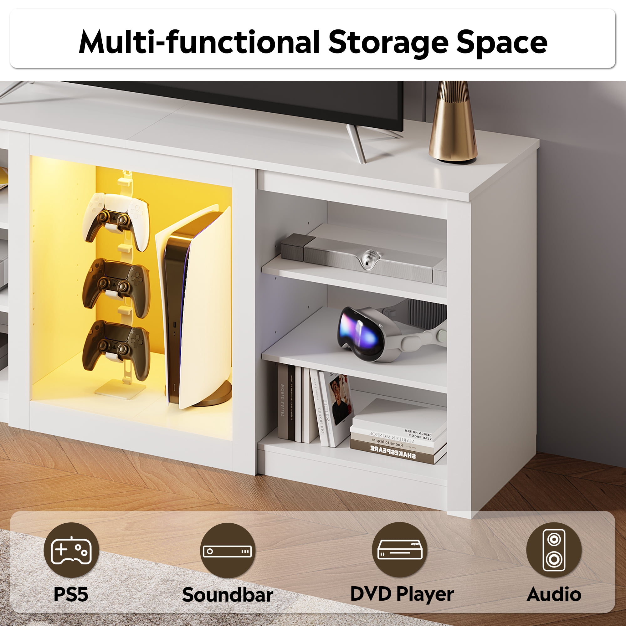 GALAXHERO Modern TV Stand for 65 Inch TV Entertainment Center with Adjustable Open Shelves & LED Lights Sturdy Media Console for Living Room, Bedroom, Gaming White