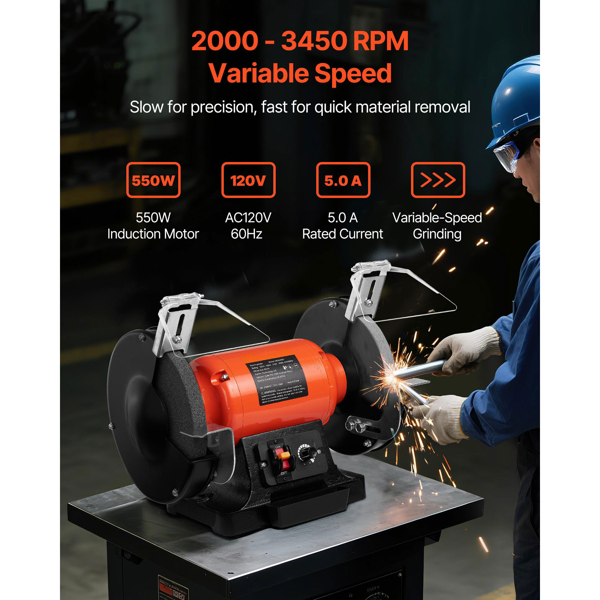 KFFKFF 8-Inch Variable Speed Bench Grinder, 2000-3450RPM Table Grinder with 550W Induction Motor, 36/60-Grit Grinding Wheels & Adjustable Eye Shield for Sharpening and Grinding Tasks