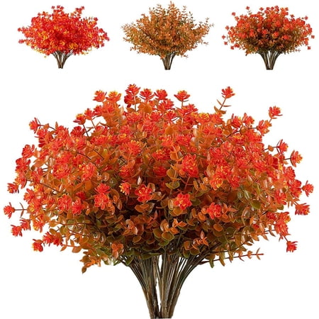 12 Bundles Artificial Fall Flowers Fake Boxwood Shrubs UV Resistant No Fade Faux Greenery Faux Plastic Plants for Home Garden Hanging Planter Indoor Porch Patio Office Wedding Decoration(Orange)