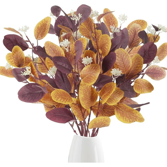 Zukuco 4 Pcs Fall Artificial Eucalyptus Leaves Fall Foliage Stems Silk Silver Dollar Eucalyptus Branches Autumn Artificial Plants for Home Fireplace Wedding Farmhouse Decor (Mixed Color)