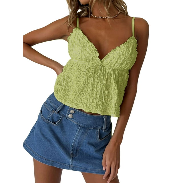 WIFORNT Women Basic Ruched Camisole Solid Color Ruffle V Neck Sleeveless Crop Tops for Streetwear Clubwear Summer Shirt