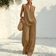 thumbnail image 5 of Sewkxo Womens Linen 2 Piece Sets Fashion Sleeveless V Neck Halter Top Matching Baggy Wide Leg Pants Set Summer Casual Outfits,Light Brown 2XL, 5 of 9