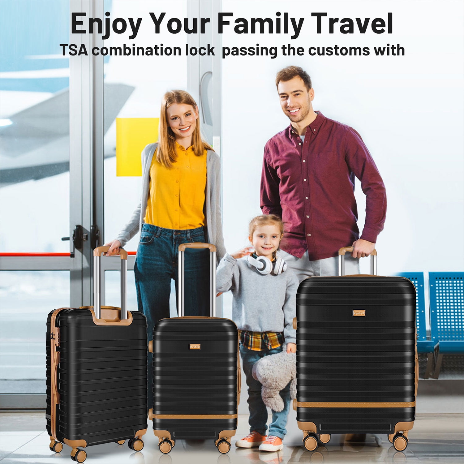 3 Piece Luggage Sets ,ABS Hardshell Lightweight Suitcase with TSA Lock Double Spinner Wheels,Black