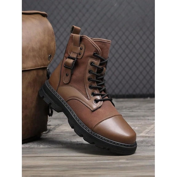 Men's High-Top Combat Boots with Lace-Up Adjustable Buckle Strap, Mixed Fabric & Faux Leather Upper, Durable Outdoor Footwear for Daily Wear and Casual Activities