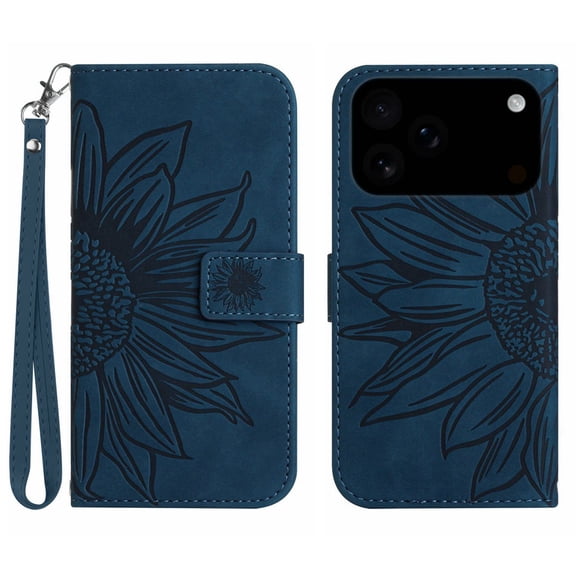 Flip Wallet Cover Case for iPhone 17 Pro Phone, Premium PU Leather Embossed Sunflower Shockproof Wrist Strap Lanyard Slim Case for iPhone 17 Pro, Inkblue