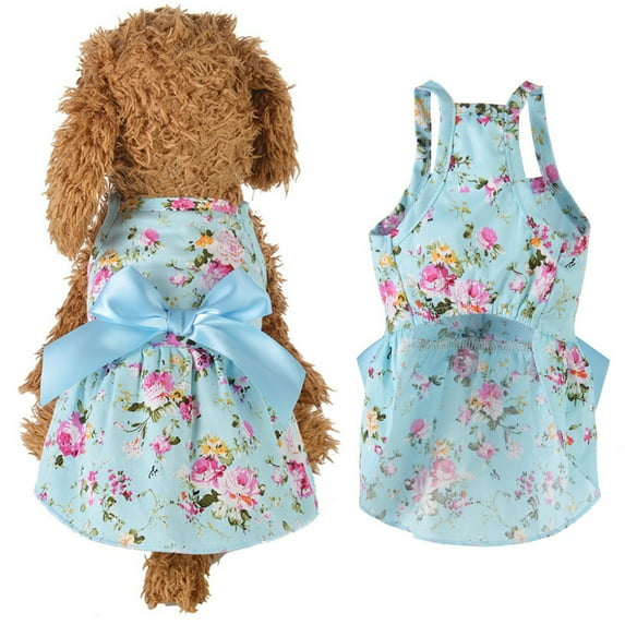 Walbest Puppy Dog Dress, Thin Cute Floral Bow-knot Princess Ribbon Skirt for Small Dogs Cats for Summer (Blue, XS)